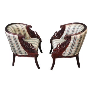 Carved Mahogany English Regency Swan Tub Style Club Chairs, Circa 1950 - a Pair For Sale