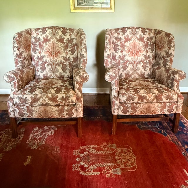 Theodore Alexander Pair of Jacquard TRS Wingback Chairs For Sale - Image 4 of 12