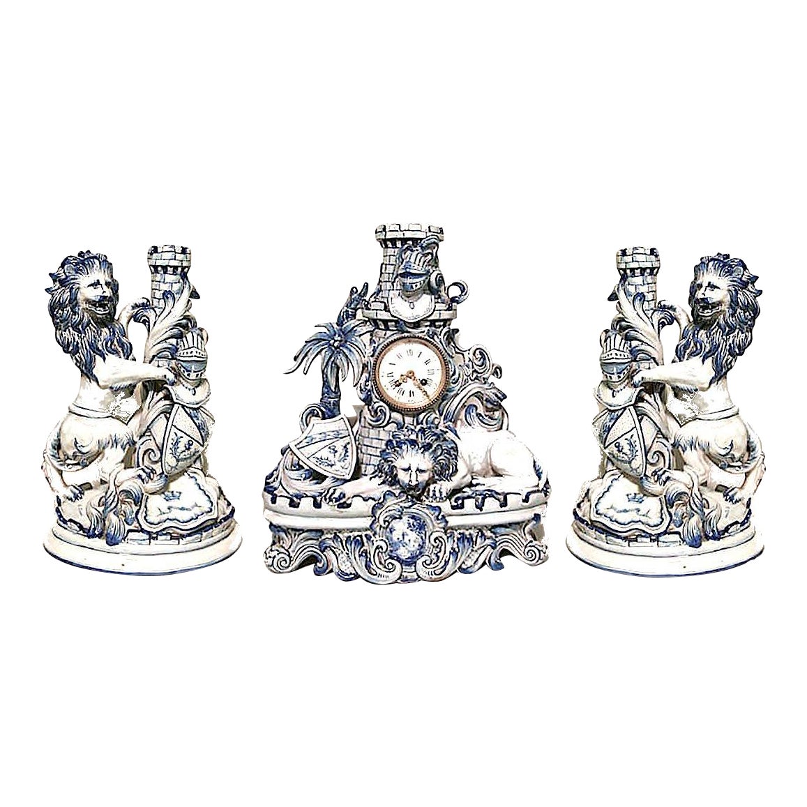 French Victorian Porcelain Lion Clock Set 3 Piece Set Chairish
