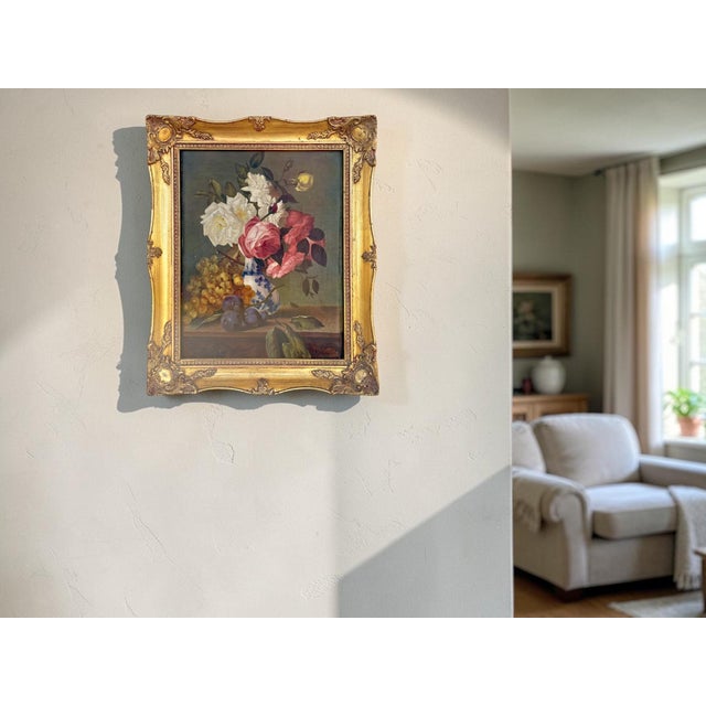 Still Life with Roses and Fruits, 1950s, Oil Painting on Canvas, Framed For Sale - Image 15 of 18