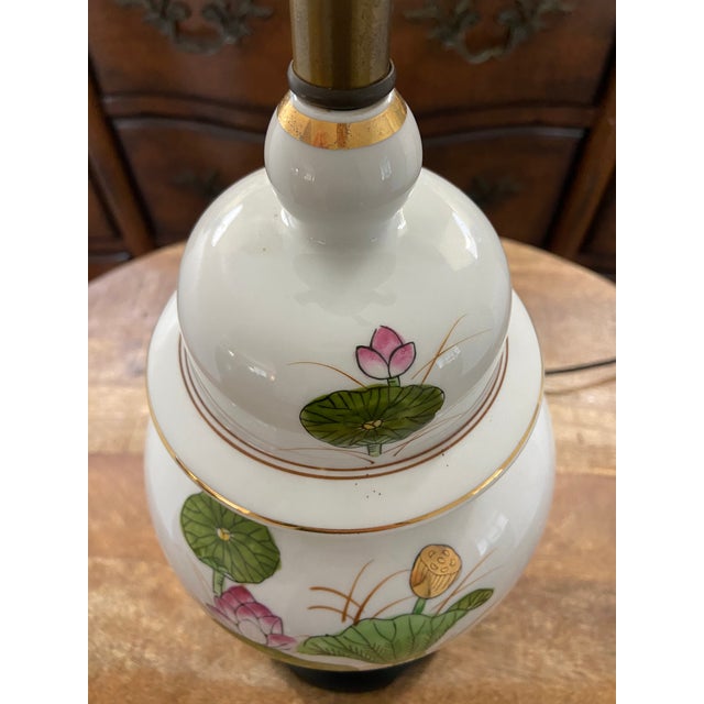Chinoiserie Vintage Mid to Late Twentieth Century Green and Pink Lotus Blossom Ginger Jar Lamp With Wood Fittings For Sale - Image 3 of 6