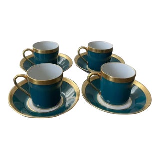 French Limoges Green and Gold Espresso Coffee Tea Porcelain Cups and Saucers- 8 Pieces For Sale