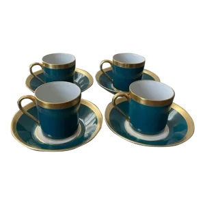French Limoges Green and Gold Espresso Coffee Tea Porcelain Cups and Saucers- 8 Pieces