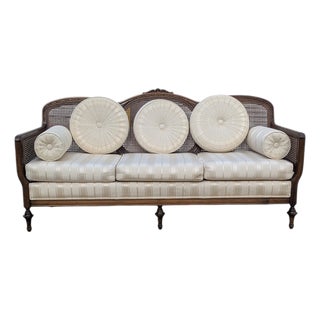 Late 20th Century French Provincial Cane Back Sofa With Striped Upholstery For Sale