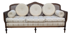 Late 20th Century French Provincial Cane Back Sofa With Striped Upholstery