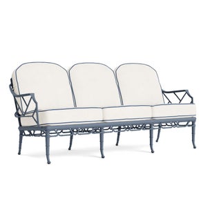Brown Jordan Calcutta Sofa in Sapphire with Sea Salt and Navy Welt Cushions For Sale