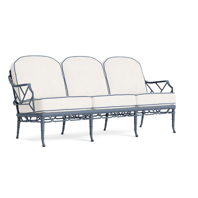 Brown Jordan Calcutta Sofa in Sapphire with Sea Salt and Navy Welt Cushions For Sale