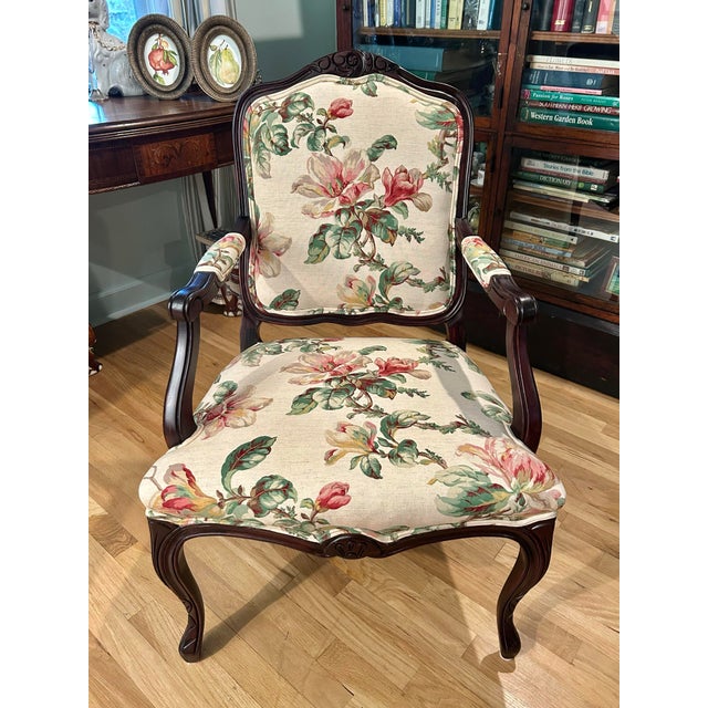 Mid 20th Century Louis XV Armchair Fauteuil Upholstered in Raymond Waites Magnolia Linen Fabric For Sale - Image 4 of 11