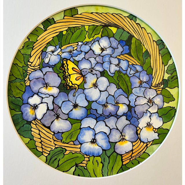 Giclee Print of Watercolor Painting “Basket of Violas” Ink and Wash For Sale - Image 6 of 12
