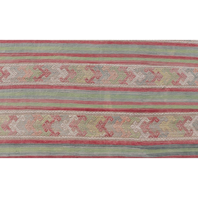 Mid 20th Century Colorful Vintage Embroidered Kilim With Stripes and Alternating Geometric Motifs For Sale - Image 5 of 12