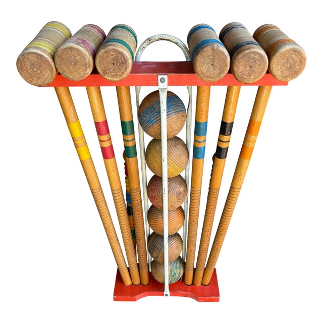 Antique Wooden Croquet Complete Set on Stand, 24 Pieces For Sale