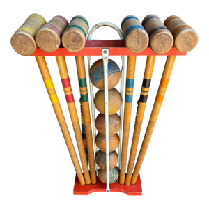 Antique Wooden Croquet Complete Set on Stand, 24 Pieces
