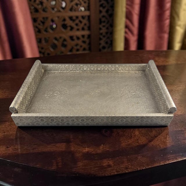 This vintage large 25'' x 18'' Anglo-Indian Bohemian embossed engraved metal tray is a stunning piece perfect for serving...