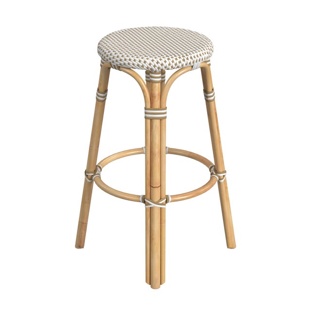 2020s Tobias 30 in. Seat Height Round Rattan Backless Bar Stool, White/Tan Dot / Natural Rattan Frame For Sale - Image 5 of 8