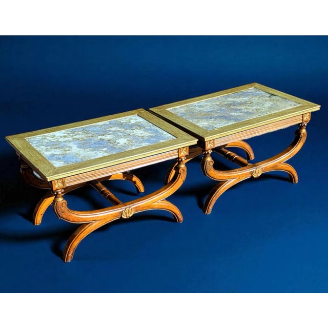 Neoclassical Pair of Antique 19th Century Neoclassical Style Reverse Painted Glass Top Curule Base Cocktail/Side Tables For Sale - Image 3 of 13