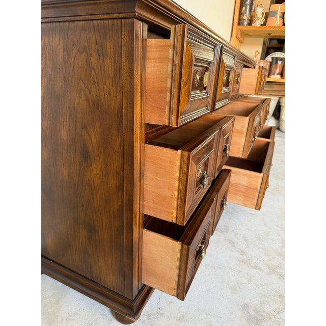 Brown 1970 Henredon Traditional English Brutalist Style Folio Nine-Drawer Triple Dresser For Sale - Image 8 of 17