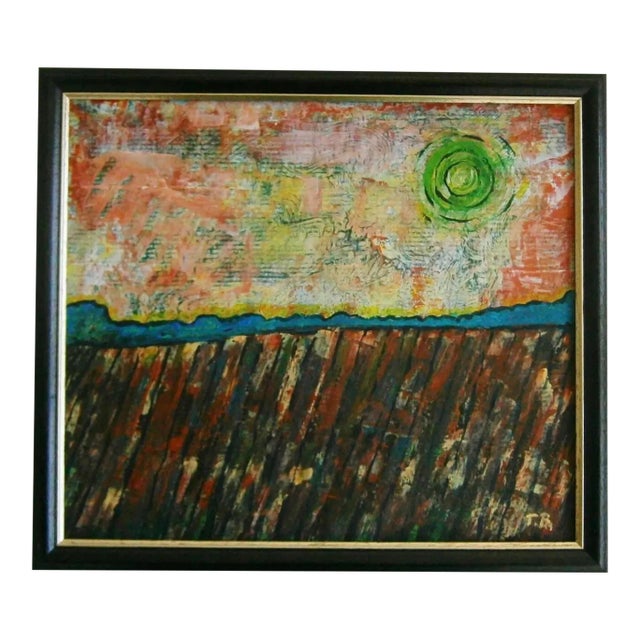 "Green Sun Over the Downs" Contemporary Modernist Oil Paintign on Board, Framed For Sale