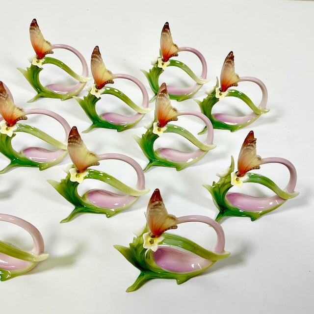 Ceramic Vintage Minimalist Japanese Hollywood Regency Majolica Butterfly Flora Porcelain Napkin Rings - Set of 12 For Sale - Image 7 of 18