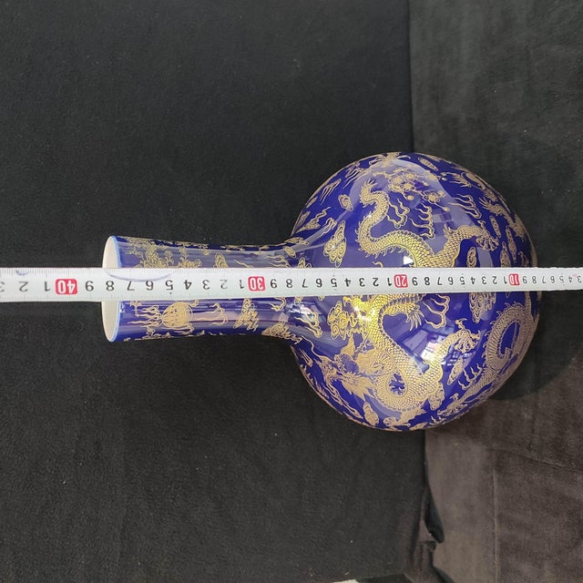 Chinese Ceramic Vase,Kangxi Marked Blue Ground Gold Drawing Porcelain Tianqiu Vase Hand Painted Dragon Pattern For Sale - Image 12 of 13