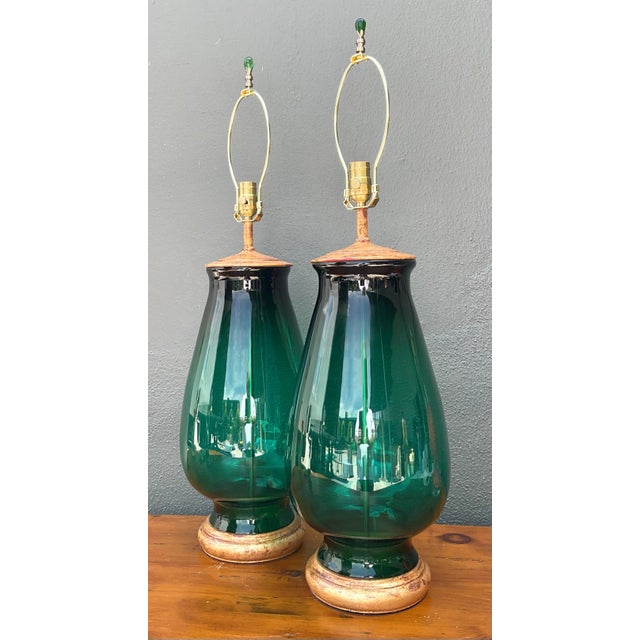 Wood Vintage Emerald Glass Table Lamps - Set of 2 For Sale - Image 7 of 14