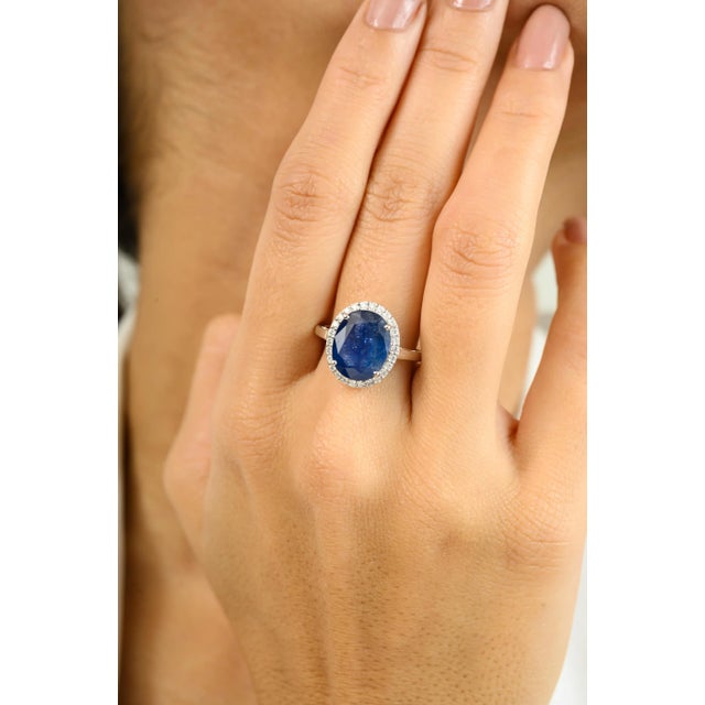 5.47 Carat Blue Sapphire 14k White Gold Halo Diamond Wedding Ring Size 5 For Sale In New York - Image 6 of 12