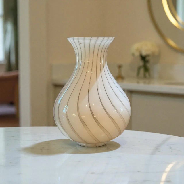 Murano Hand-Blown Opaline Filigrana Spiral Art Glass Vase — Late 20th Century For Sale - Image 4 of 4