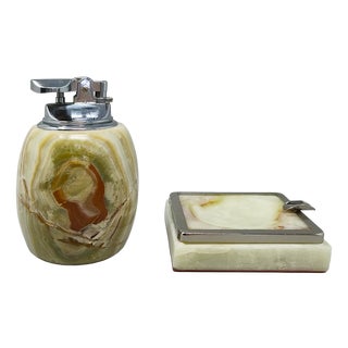 Mid-Century Modern Italian Onyx and Chrome Table Lighter and Ashtray Smoking Set, 1960, Set of 2 For Sale