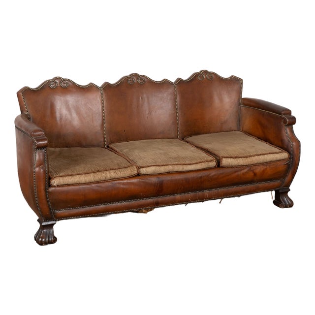 20th Century Vintage Danish Brown Leather Three Seat Sofa For Sale
