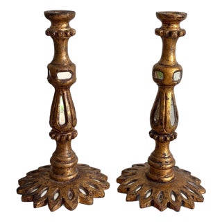 Spanish Florentine Candlesticks - Mirrored Wood, Gilt Gold, Vintage Candle Holders For Sale