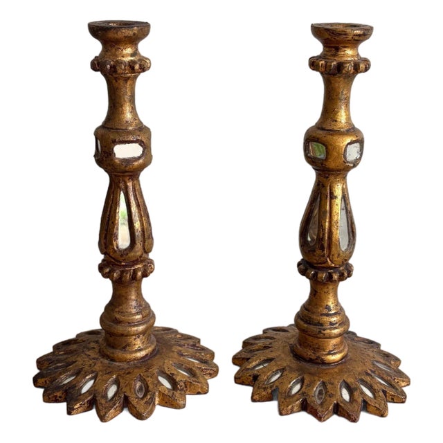 Spanish Florentine Candlesticks - Mirrored Wood, Gilt Gold, Vintage Candle Holders For Sale
