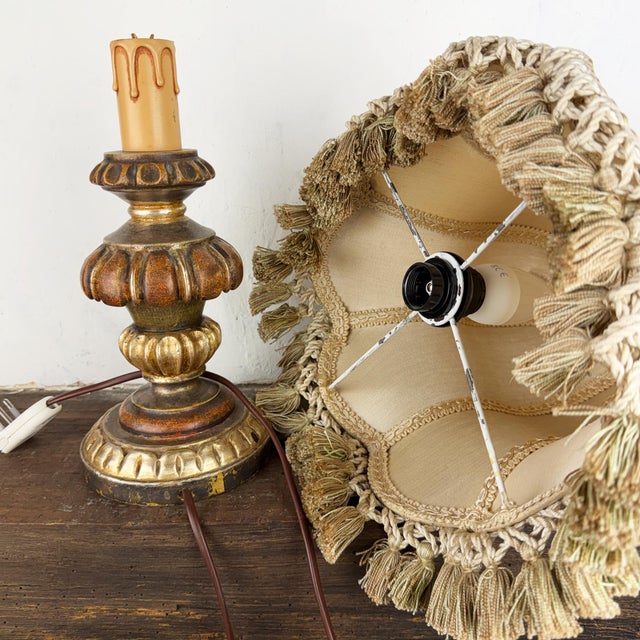 Vintage Italian Silk Lampshade Carved Wood Table Lamp, 1980s For Sale - Image 12 of 16