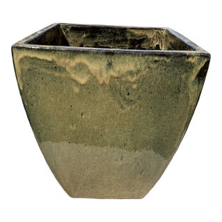 Handcrafted Terra Cotta Planter With Glossy Green Metallic Glaze For Sale