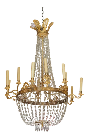 19th Century French Empire Style Bronze Dore Crystal Chandelier