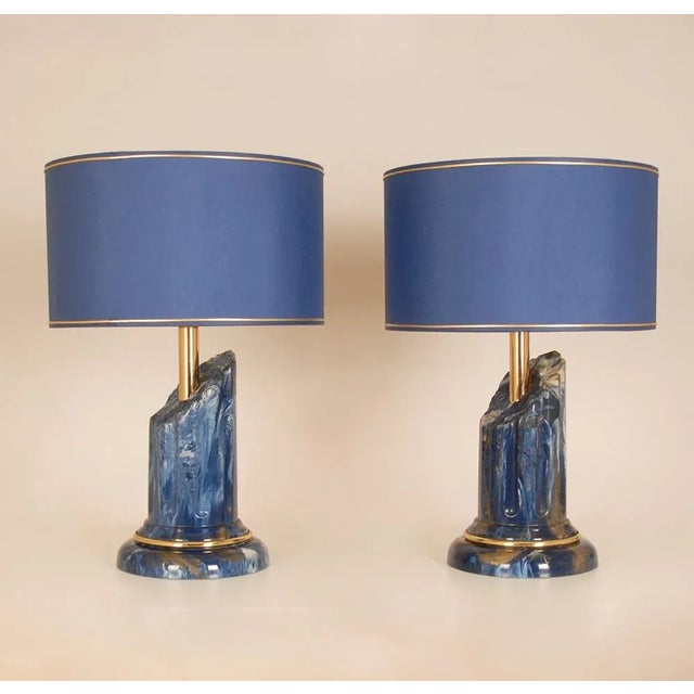 Vintage Italian Table Lamps Lapis Lazuli Marble Blue Gold Column Lamps a Pair For Sale - Image 10 of 11