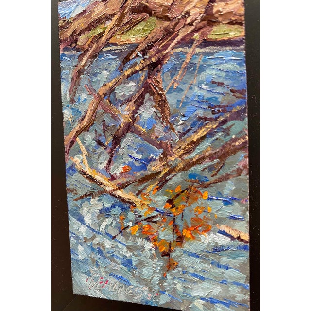 Early 21st Century Sloan's Lake by Delton Demarest | Oil on panel of water with branches and autumn leaves For Sale - Image 5 of 5