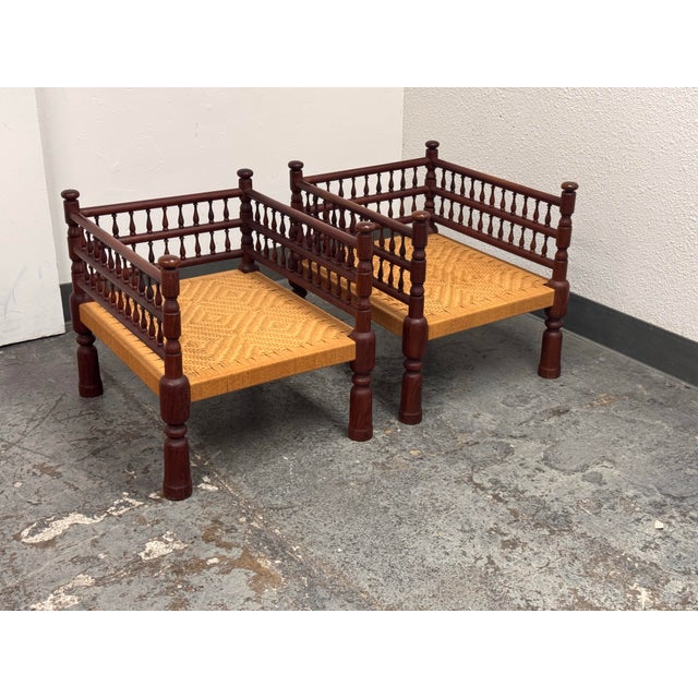Late 20th Century Indian Vintage Rush Seat Low Chairs, Pair For Sale - Image 5 of 12
