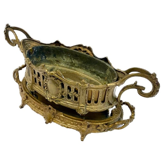 Antique French cast iron Edwardian style cachepot centerpiece with mirrored plateau. Removable pressed steel insert. Both...