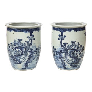 Pair of Chinese Blue and White Planters For Sale