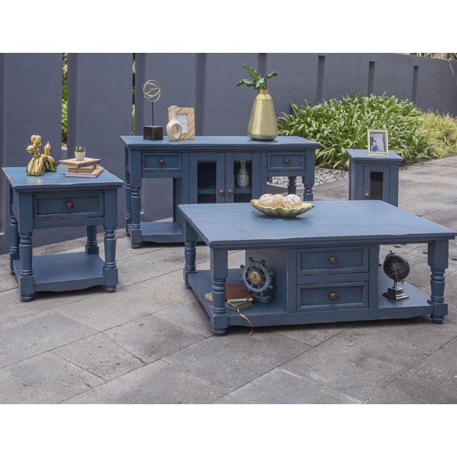 Stonegate Collection: Two-toned hand distressed white with warm stone stained tops Solid Mango wood with distressed Blue...