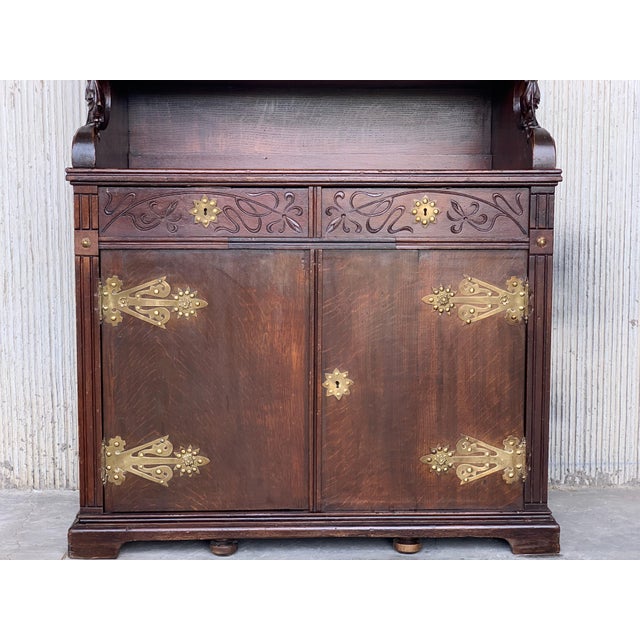 Arts & Crafts oak sideboard with dry bar top and cupboard in oak, bronze and brass Impressive buffet or sideboard, cabinet...