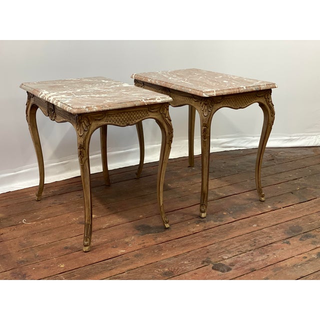 1970s Carved Oak and Marble Louis XV Style End Tables, a Pair For Sale - Image 4 of 16