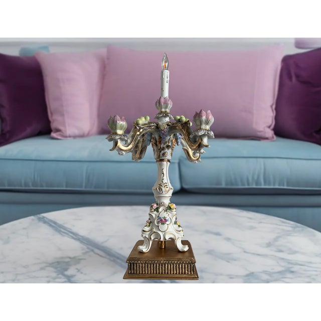 MId-Century Dresden Porcelain Floral Fruit Candelabra Table Lamp For Sale - Image 14 of 15
