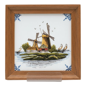 Hand-Painted Dutch Makkum Windmill Ceramic Tile by Tichelaars Koninklijke, Framed – Holland