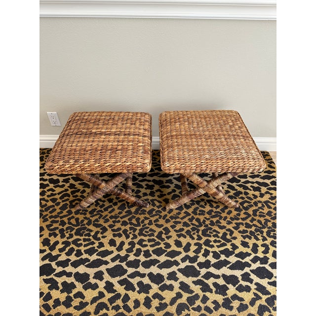 Bielecky Brothers Vintage Rattan & Natural Seagrass Woven Over Wood X Benches - A Pair For Sale - Image 4 of 17