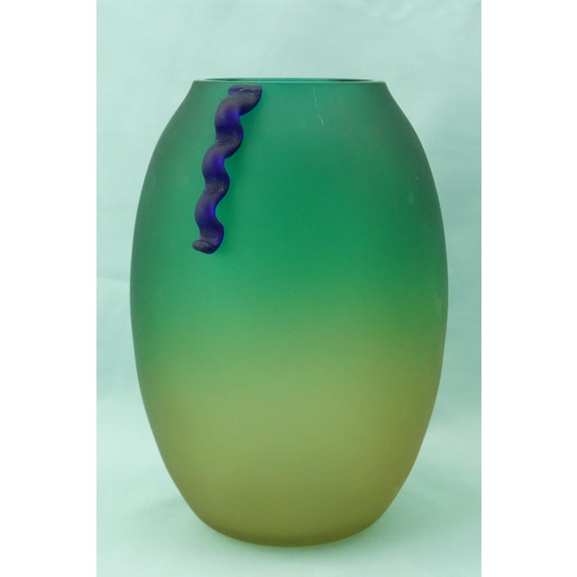 Green and Yellow Acid-Etched Opaque Murano Glass Deco Vase, Venice, Italy, 1950s For Sale - Image 3 of 18