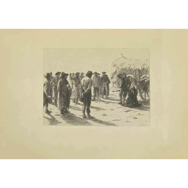 Mourning is an etching realized by Eugène Burnard (1850-1921) in the Late 19th century. Signed on the plate. Good...