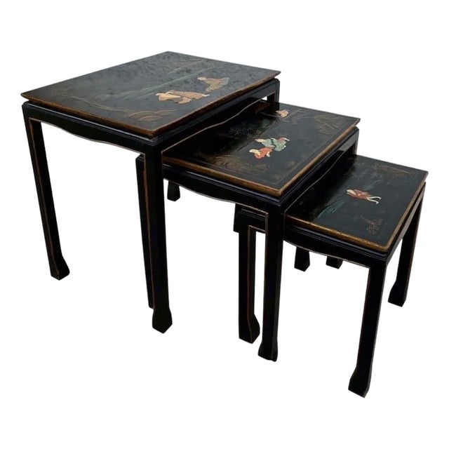 1960s Set of Three Antique Chinese Lacquered Nesting Tables For Sale