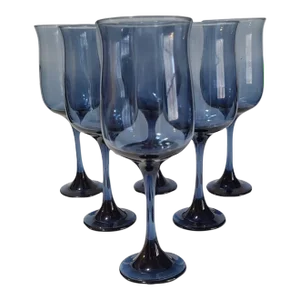 Vintage Set of 6 Tulip Military Blue Water Goblets or Wine Glasses