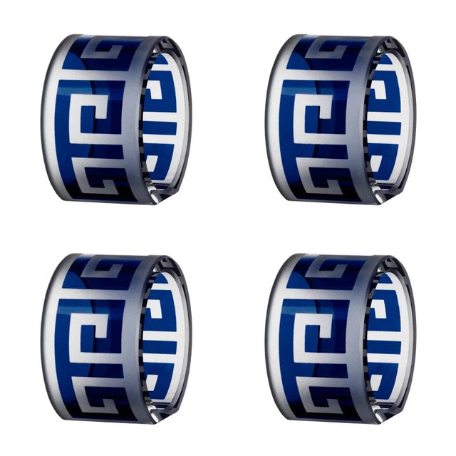 Mediterranean ARTEL Greek Key Napkin Ring, Ink - Set of 4 For Sale - Image 3 of 3