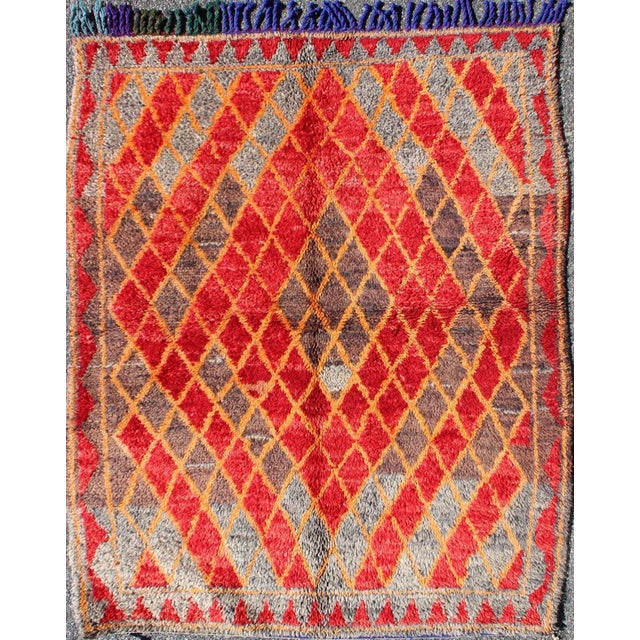 Textile Mid 20th Century Midcentury Moroccan Rug With Orange, Red, Brown Diamonds and Blue Fringe Detail For Sale - Image 7 of 7
